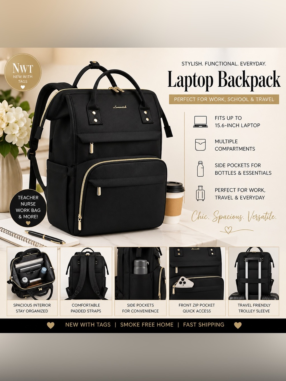 NWT Laptop Backpack Women Teacher Nurse Work Bag Purse 15.6” Travel Black